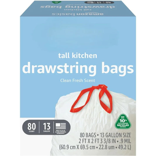 13 Gallon Tall Kitchen Drawstring Trash Bags, Clean Fresh Scnet, 10% Post Consumer Recycled, 200 Count
