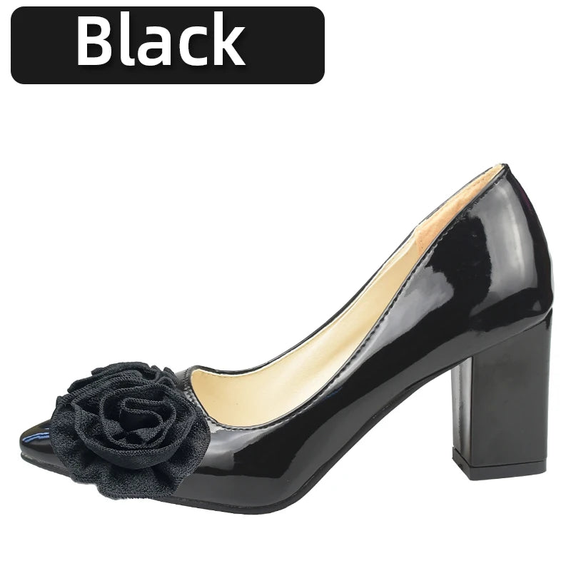 Big Flower Rose 7cm Square Heels Pumps Women Shoes