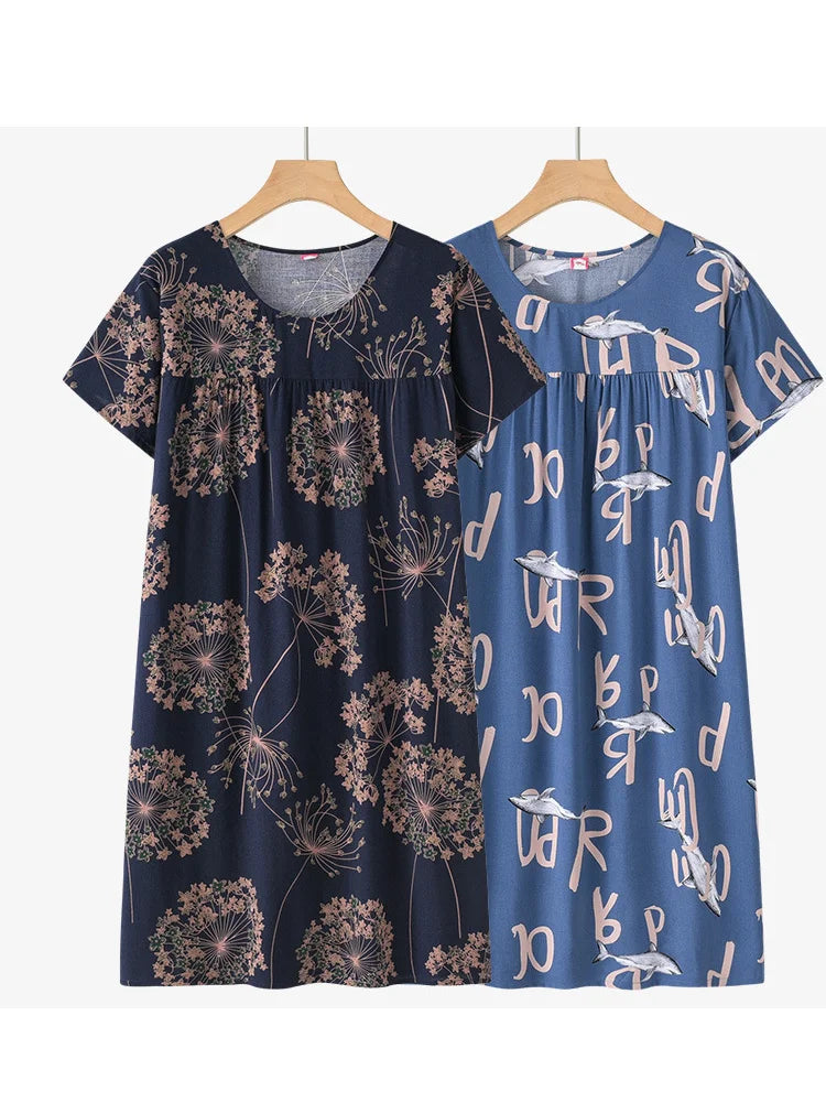 Middle-Aged and Elderly Cotton Silk Short-Sleeved Nightgown