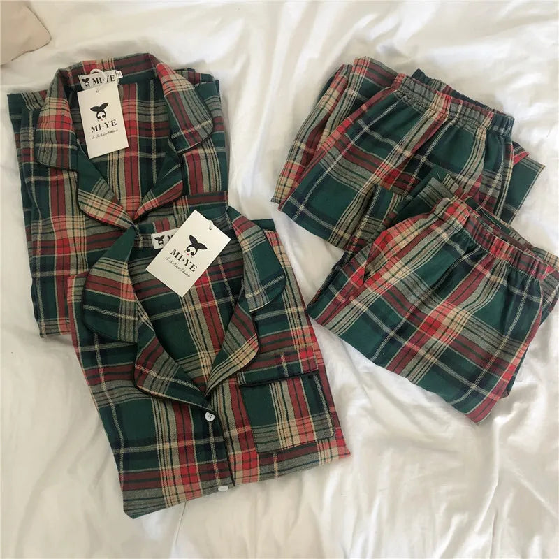 Green Christmas Pajamas Couple Pajama Set Simple Plaid Sleepwear Cotton  Autumn Winter Women