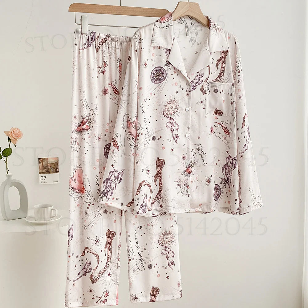 Silk Satin Print Long Sleeve Pajamas Suit Women Sleepwear Set