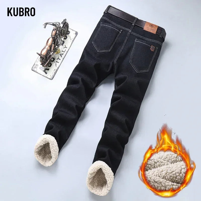 Brand Winter Warm Fleece Jeans Men's Thick Thermal Casual Straight Denim Pants Male Business Work Stretch Trousers