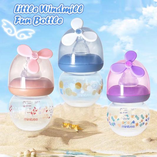 0-6 months newborn baby mini bottle, 60ml creative small windmill, fall-proof and anti-colic PP bottle, BPA-free