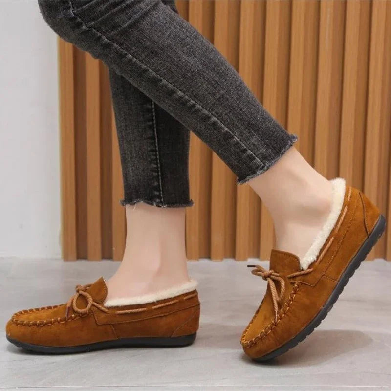 Women's Moccasins Soft Loafers Comfort Warm Plush Bow Slip on Cotton Shoes