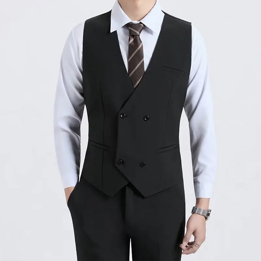 Spring and Autumn Men's Double-Breasted Suit Lapel Vest, British Retro Business Casual Solid Fit Fashion Trendy Blazer