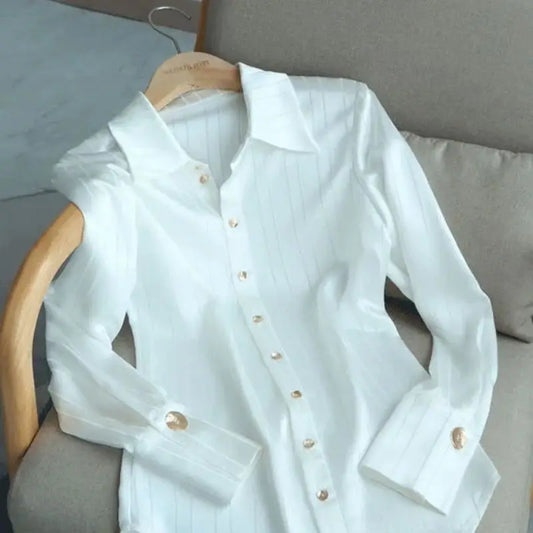 White Striped Shirt For Women's Single Breasted Loose Fitting Shirt