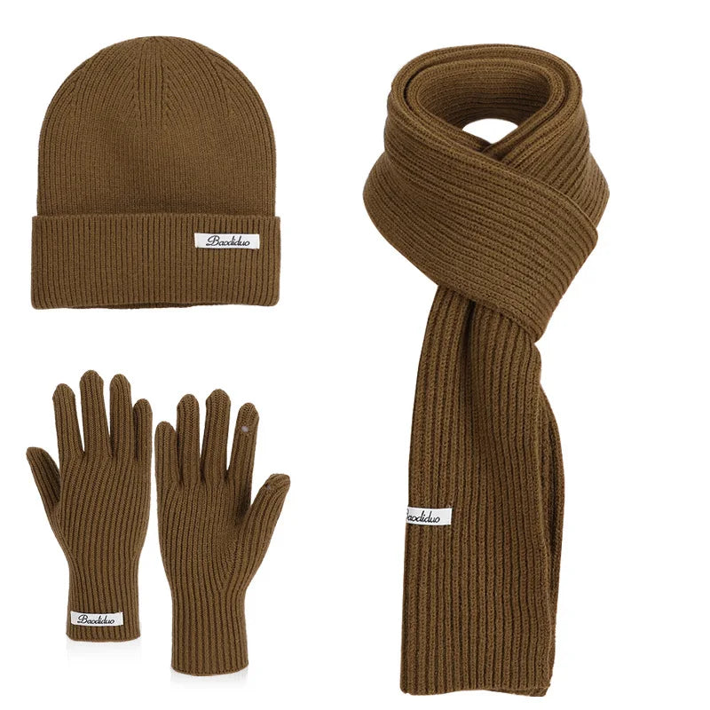Winter Warm Knitted Hat Scarf Gloves Women's Windproof Three-piece Set