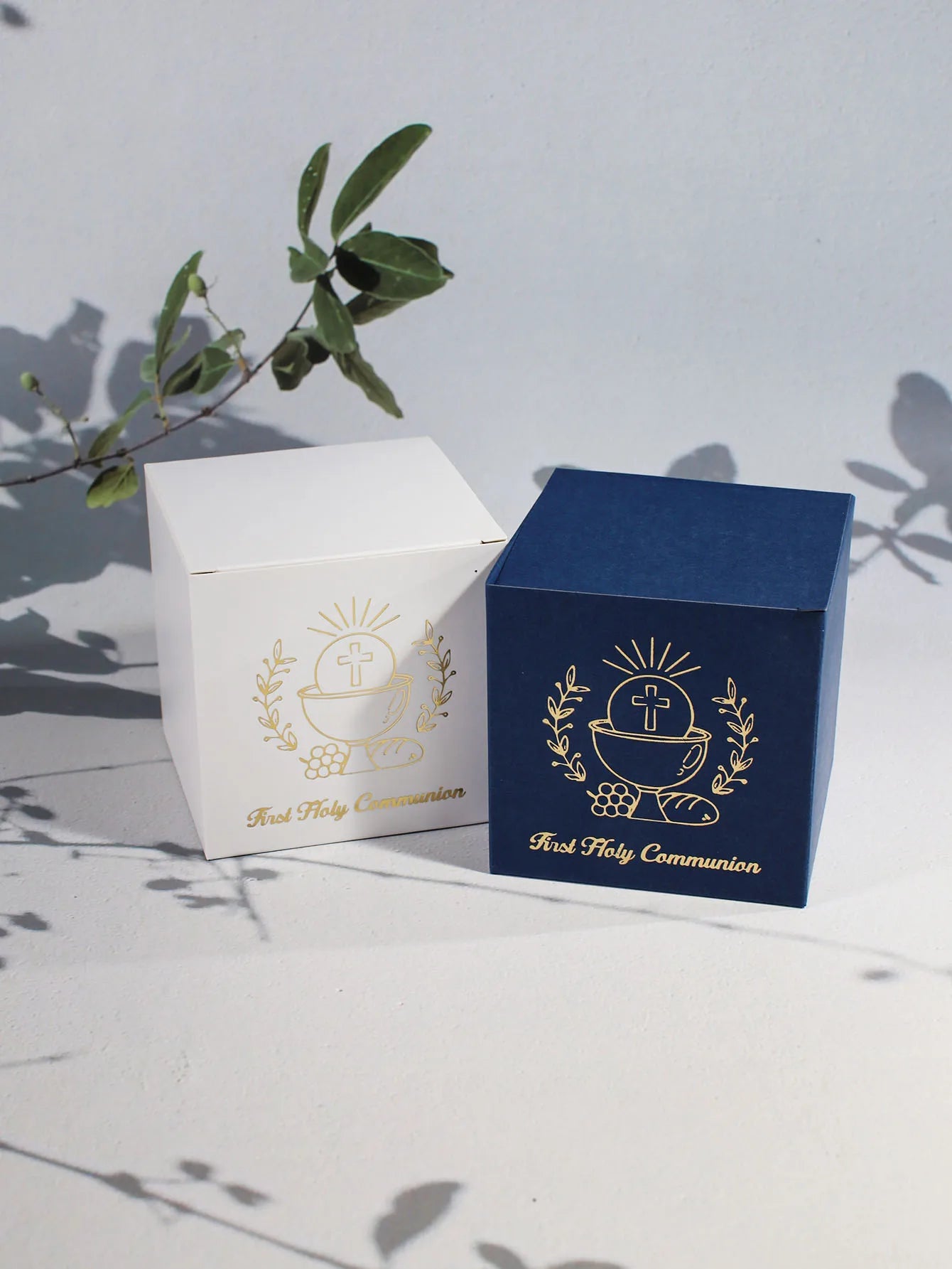 Elegant first communion gift box, golden Holy Grail of the cross and the words' First Communion ', Christian communion gift box