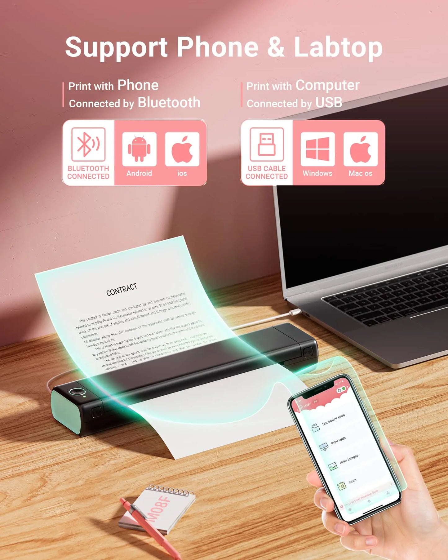M08F Portable Phone Travel Home Wireless Thermal Printer Bluetooth Use A4 Mobile Printer for Laptops Inkless