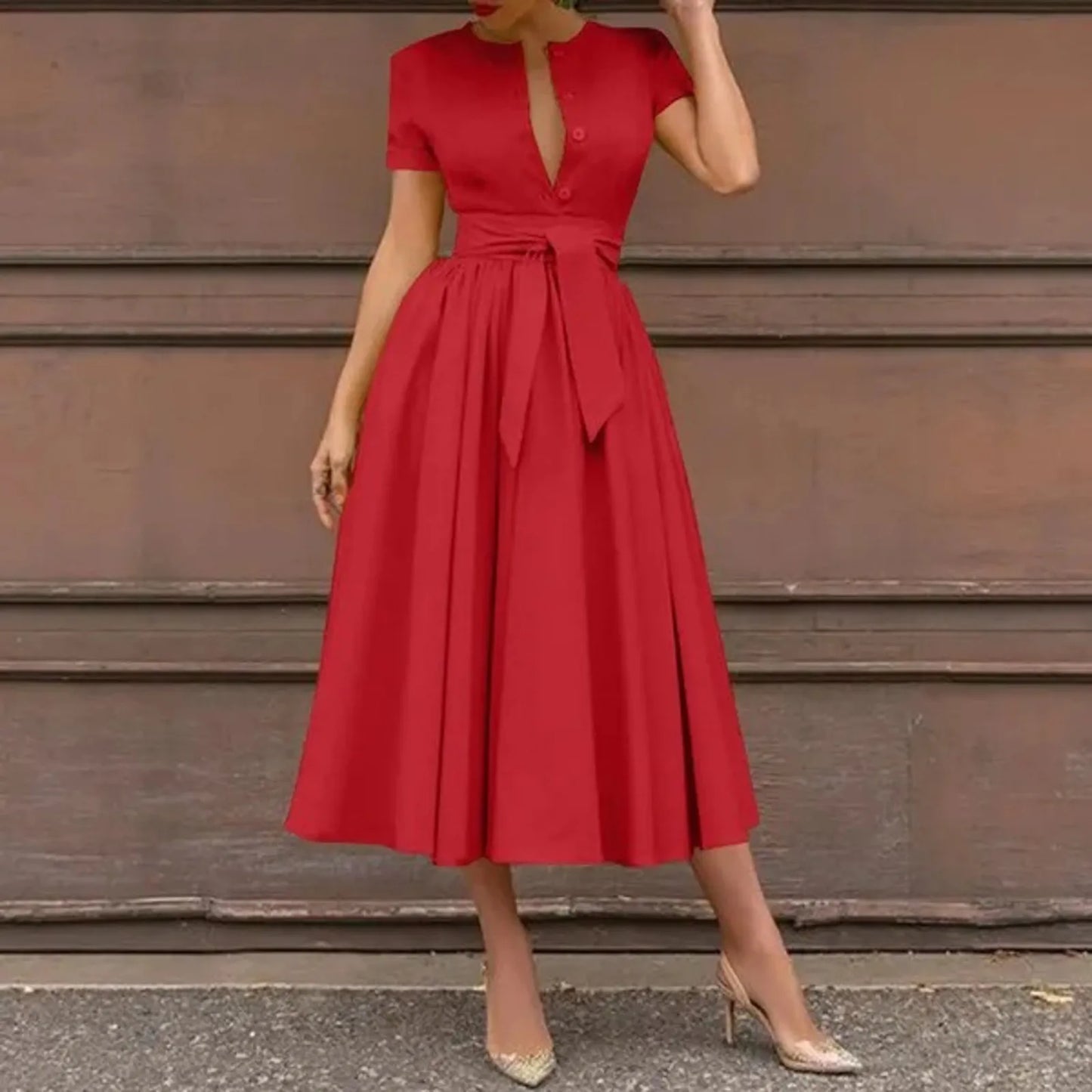Women Elegant Formal Party Evening Dress Short Sleeve Sashes Mid-Calf Dress