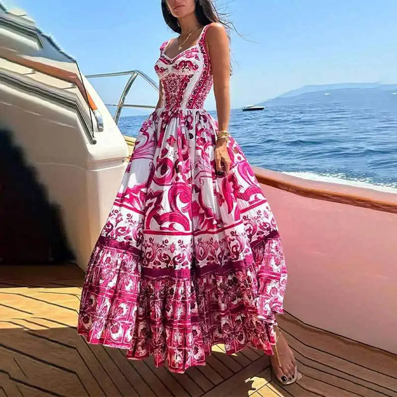 Elegant Summer Bohemian Sling Print Sleeveless A-line Long Dress
