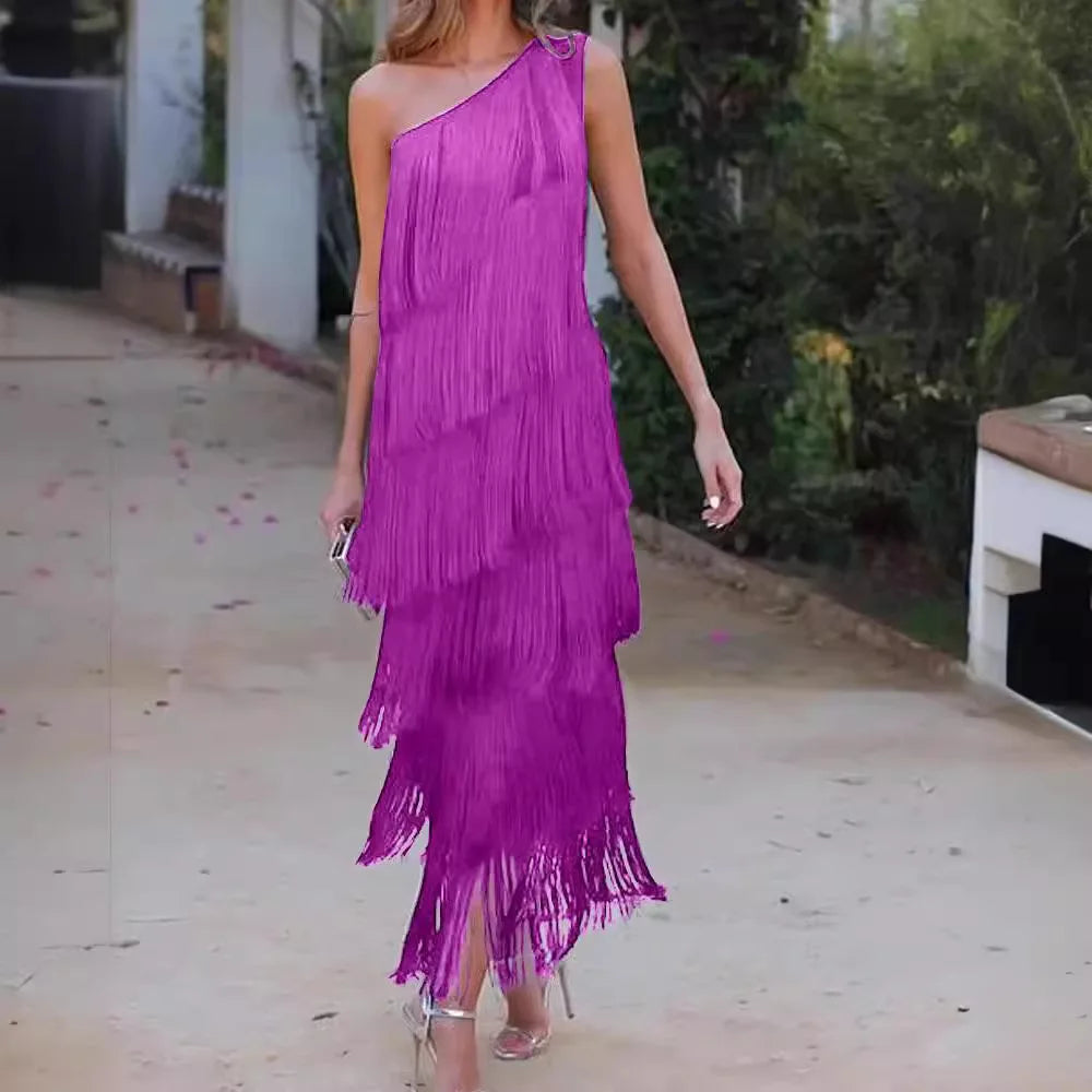 Spring and Summer Women's Fashion Fringed One Shoulder Asymmetrical Dress