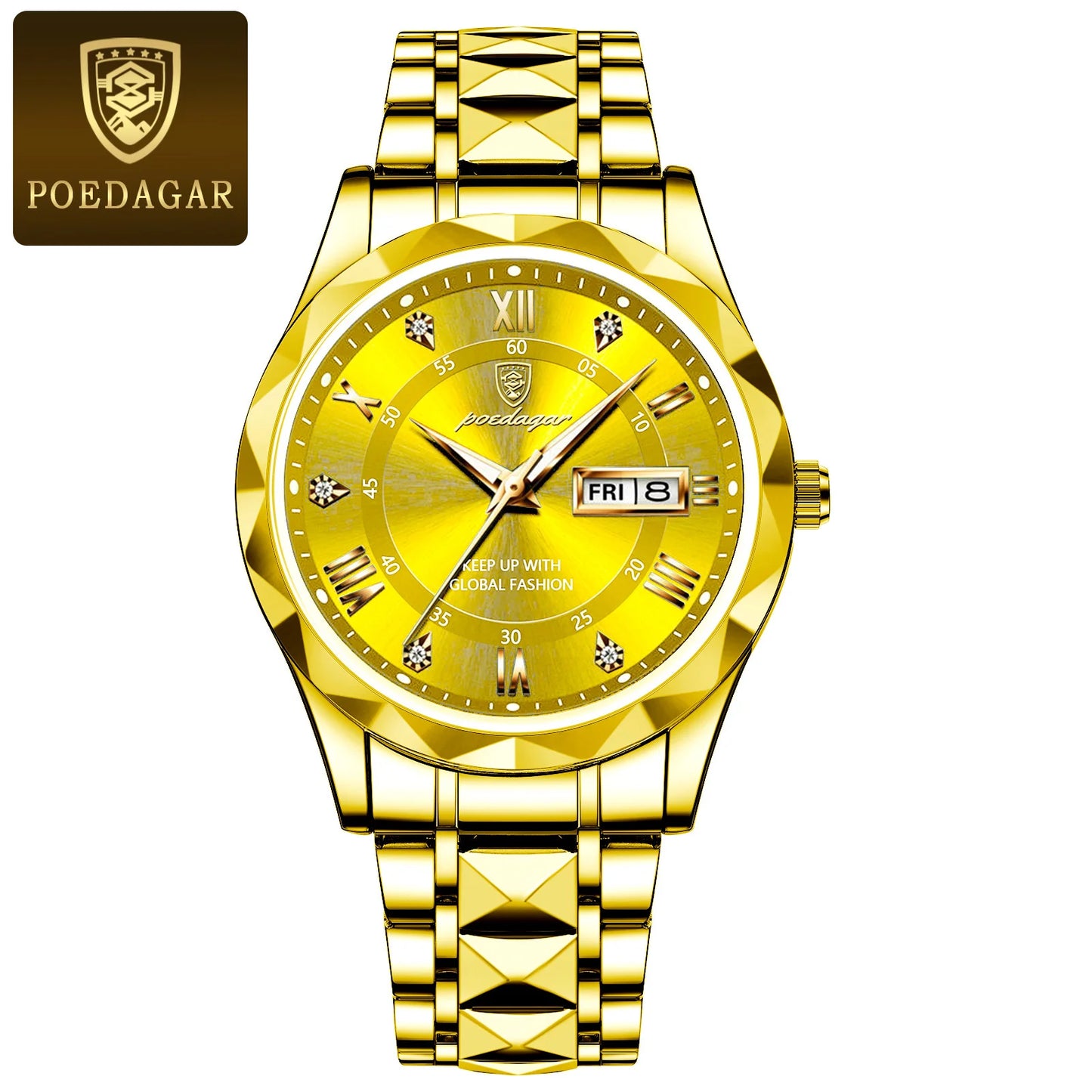 POEDAGAR Top Brand Luxury Men's Waterproof Stainless Steel Quartz Watch Luminous Calendar Week