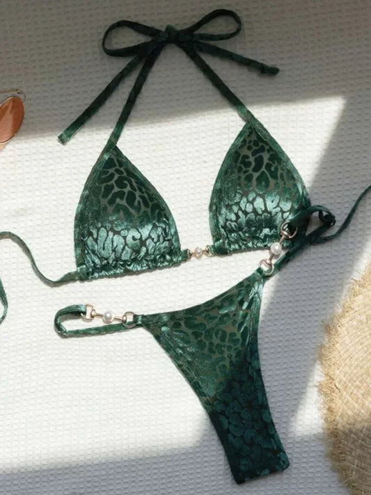 Sexy Leopard Velvet Bikini Bra Thong Swimwear Two-piece