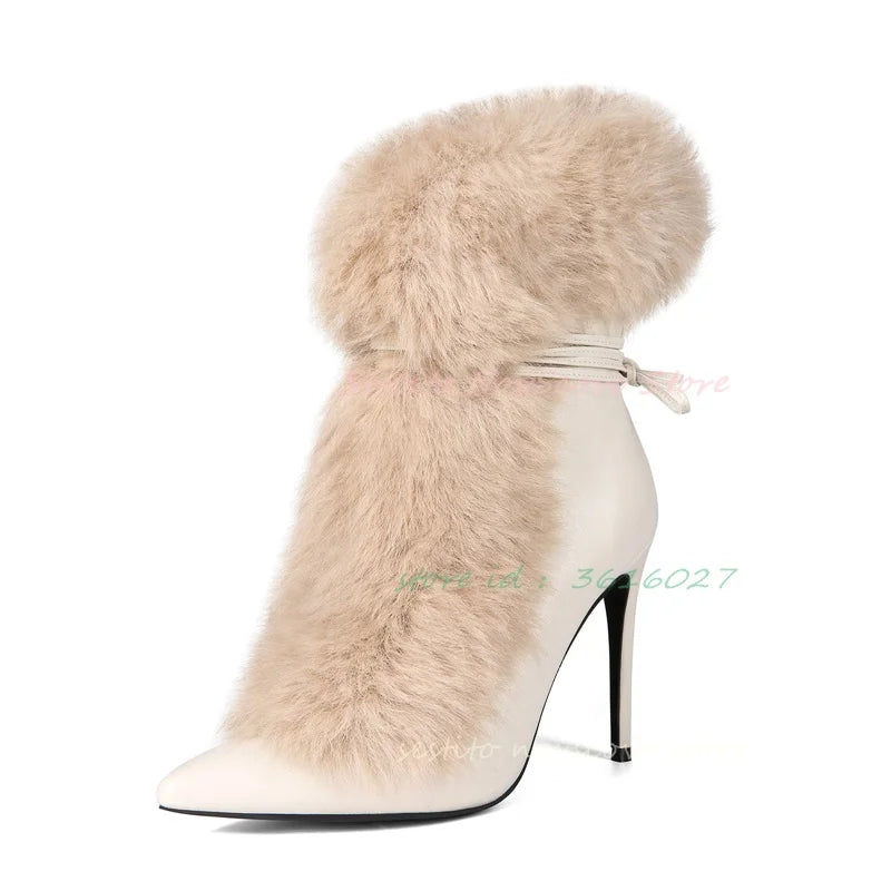 Pointed Toe Fur Mid Calf Boots Sexy Stiletto Heels Ankle Straps Fashion Warm Winter Plush