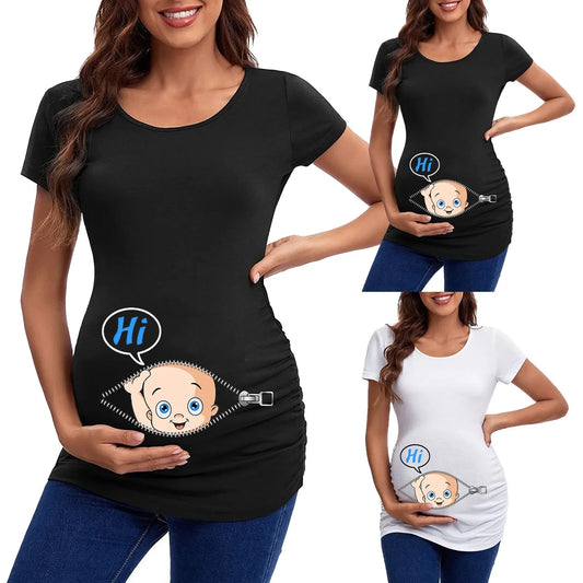 Maternity Top Women's Summer Pregnant Short Sleeve Fun Printed Casual Pregnancy Clothes, Daily Wear Elastic Cotton Tops for Women