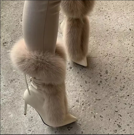 Pointed Toe Fur Mid Calf Boots Sexy Stiletto Heels Ankle Straps Fashion Warm Winter Plush