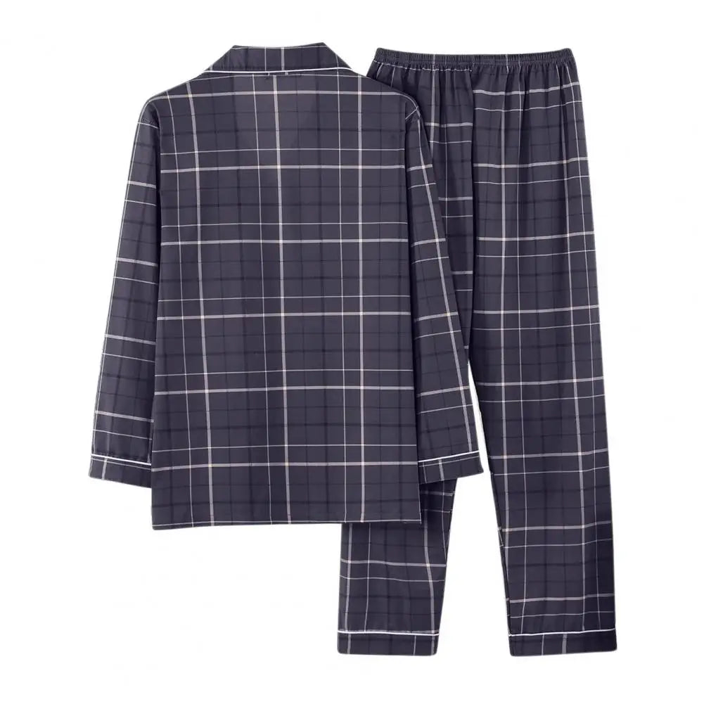 2Pcs/Set Men Pajamas Set Lapel Long Sleeve Single Breasted Tops Elastic Waist Long Pants Set Plaid Print Cotton Linen Sleepwear