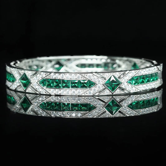 Princess Cut Emerald High Carbon Diamonds Gemstones Bracelet Bangle 925 Sterling Silver Fine Jewelry