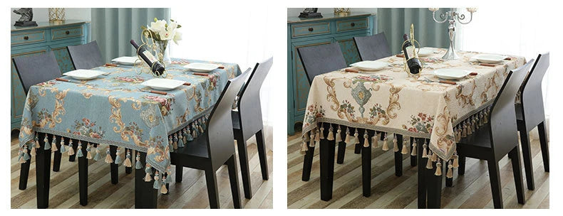 Luxury Jacquard Tablecloth with Tassel Pendant Chenille Fabric Rectangular Table Cover European Living Room Coffee Table Cloth