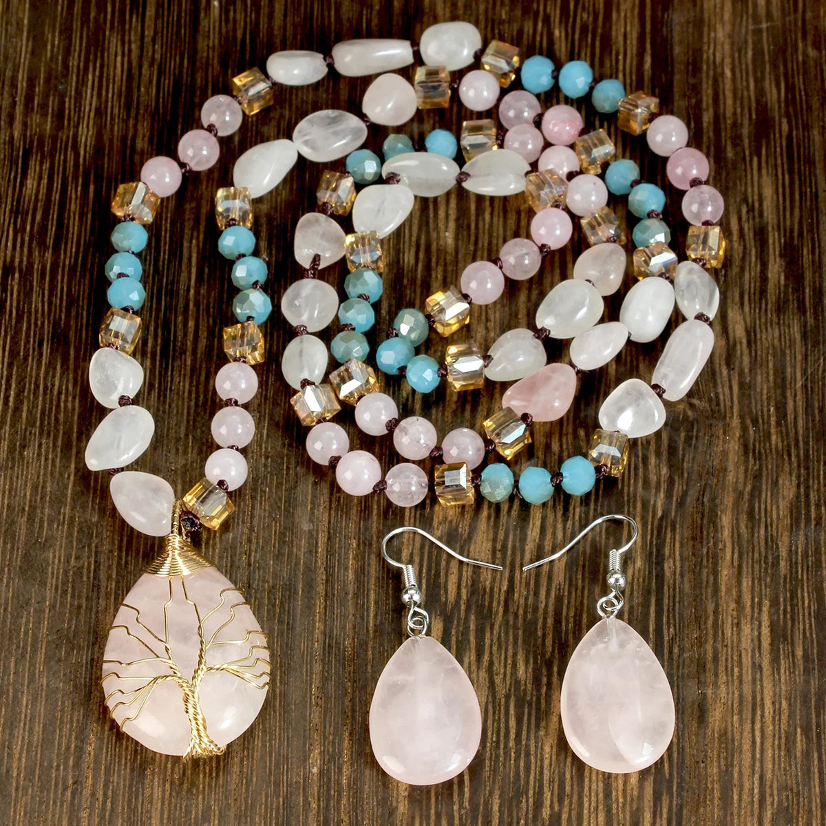 Bohemian-Style Twisted Wire Tree of Life Rose Quartz Necklace Pendant & Earrings