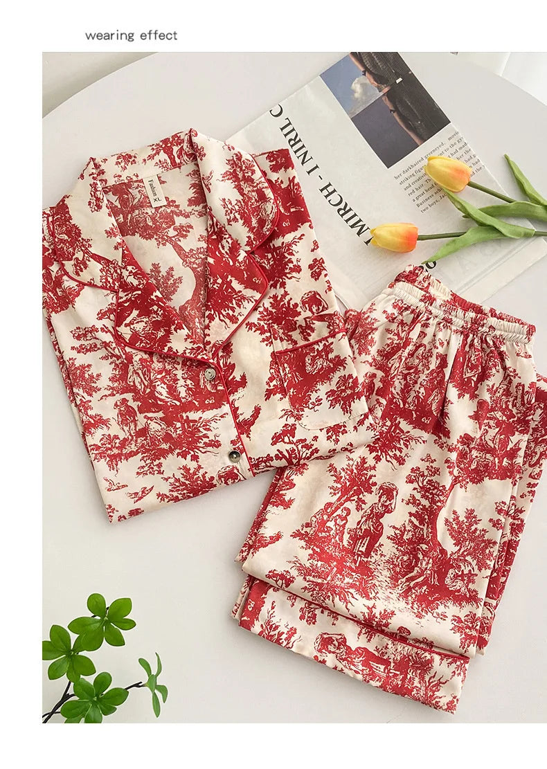 Red Sexy Pajamas Set Lapel Shirt & Pants for Lady Summer Spring 2Pcs Nightwear