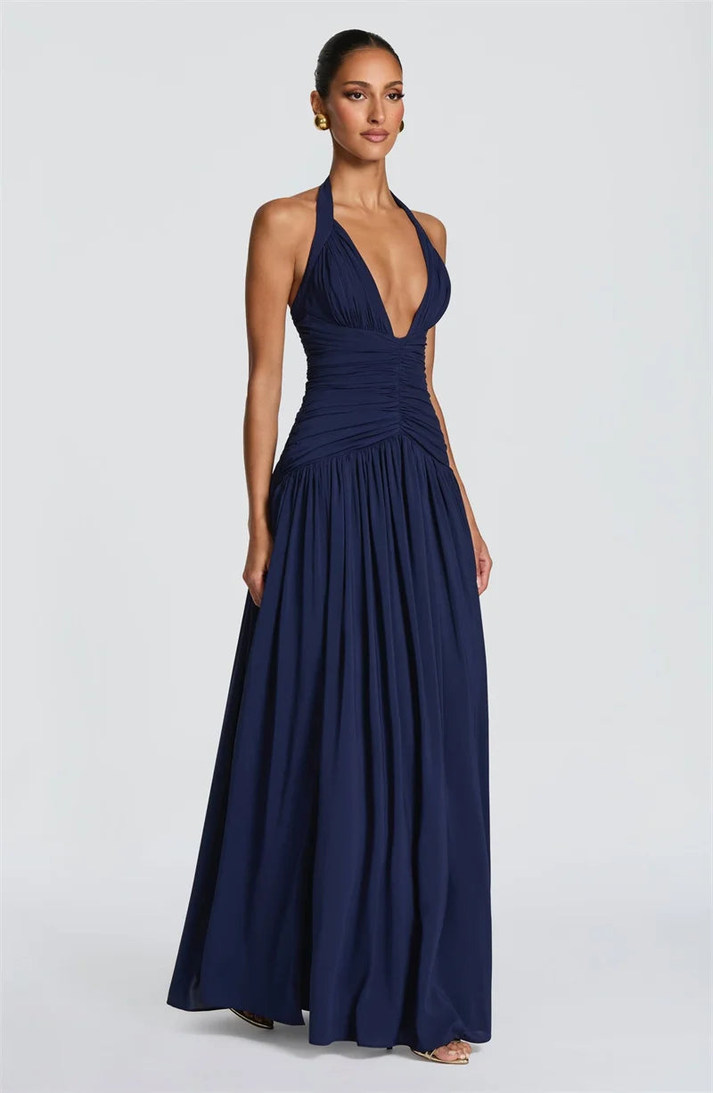Elegant Halter Deep V Neck Sexy Maxi Women Dress Off-shoulder Sleeveless