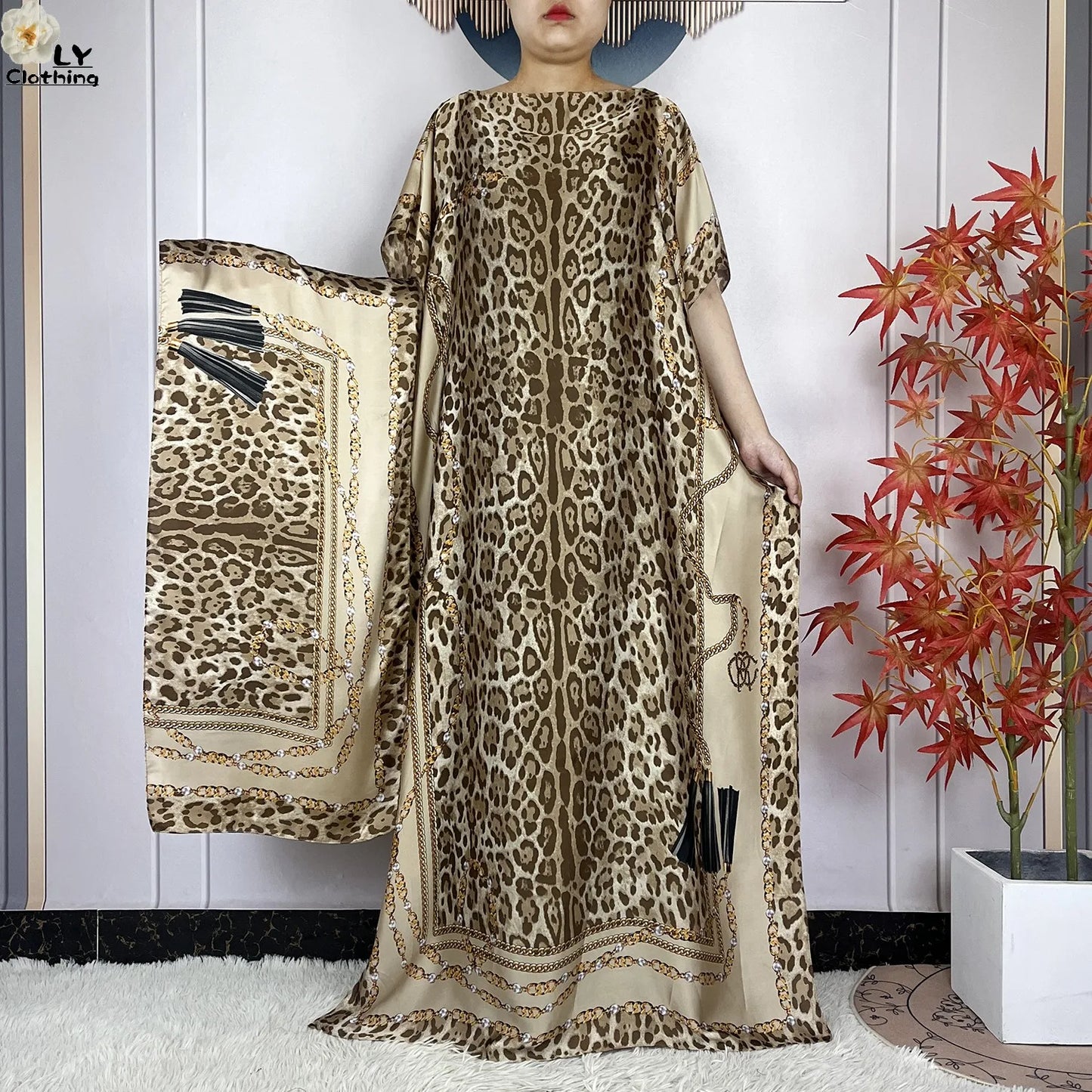 Women Printed Silk Soft Loose Maxi Party Dresses With Belt Turban