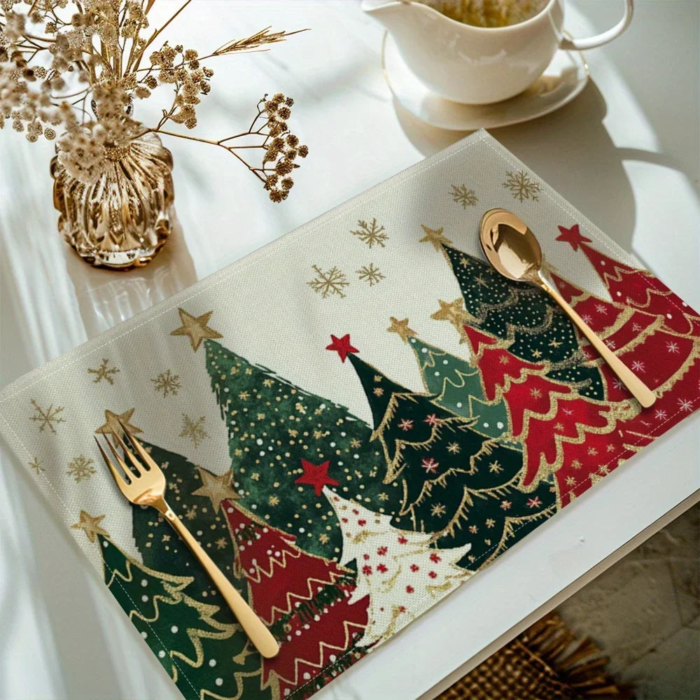 4/6/8/10Pcs Christmas Tree Printed Placemats, Washable Kitchen Table Mats, Christmas Decorative Placemats