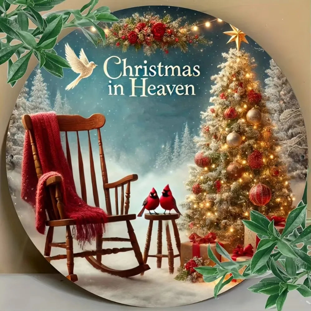 "Christmas in Heaven" Rustic Iron Metal Sign – Festive 2D Wall & Door Decor with Tree & Birds | Ideal for Home, Farmhouse & Shop