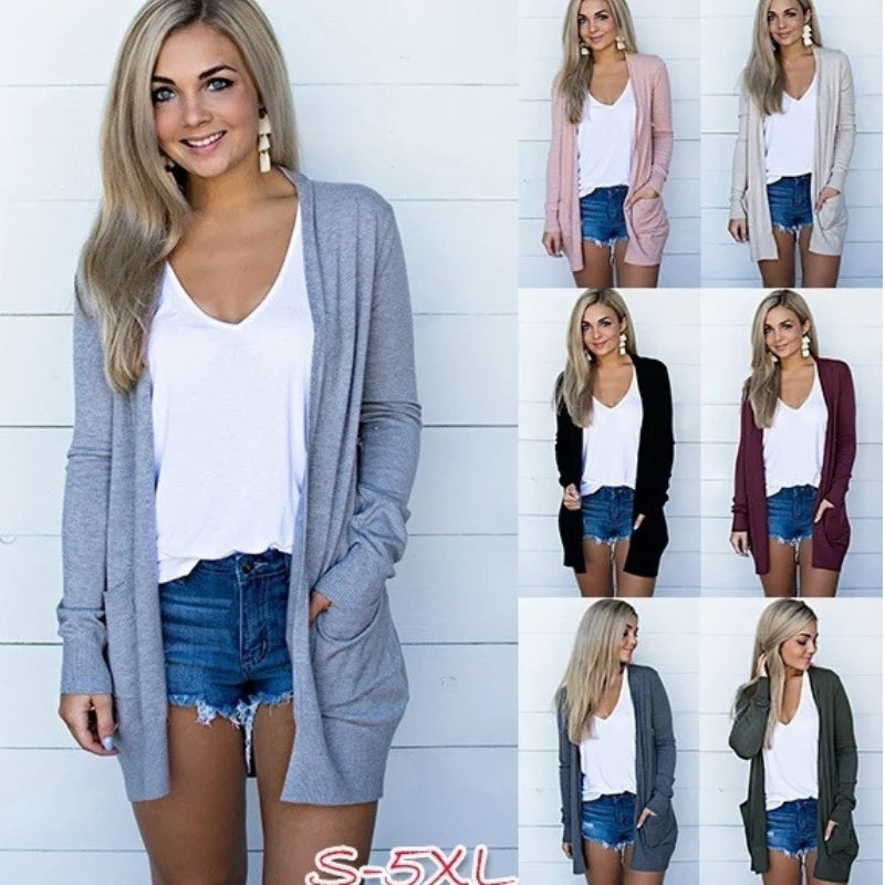 Women Winter/Autumn Long Pocket Cardigan S-5Xl Multicolor