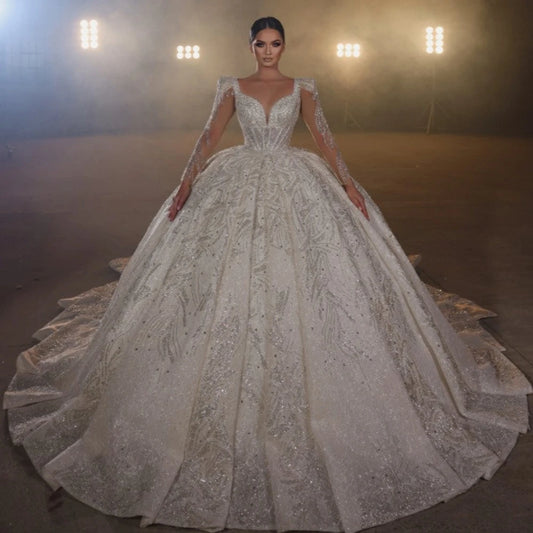Luxury Organza Beaded Wedding Ball Gown Dress Long Sleeve