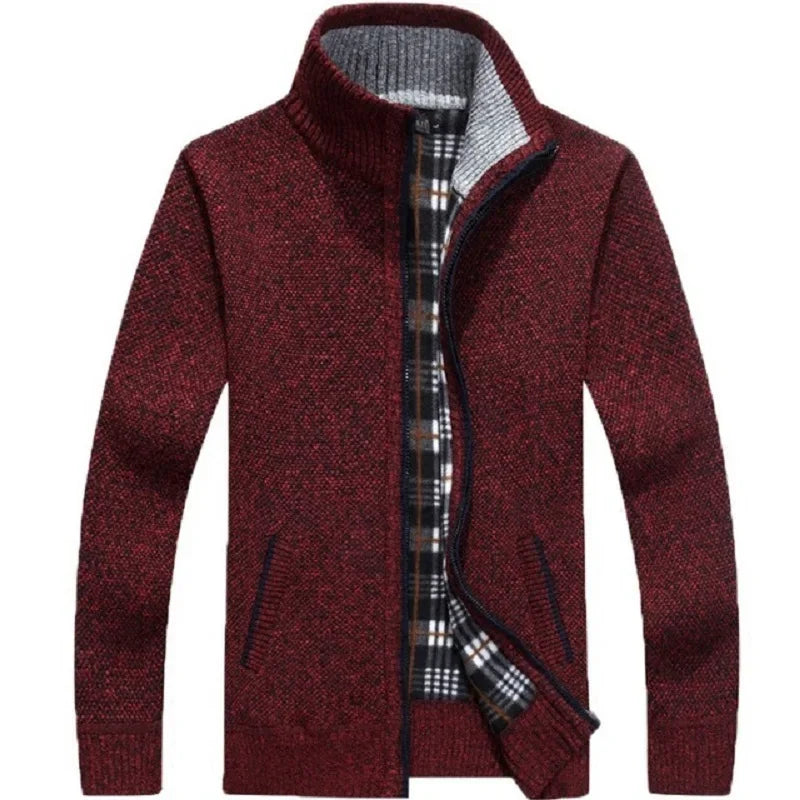 Winter Men's Knitted Sweater Coat Long Sleeve Thick Cardigan Fleece Zipper Causal Solid Color