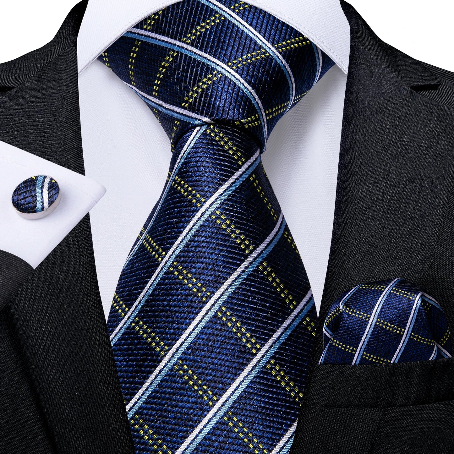 New Classic 100% Silk Men's Ties 8cm Blue Plaid Dot Striped Business Necktie Handkerchief Wedding Party Tie Set