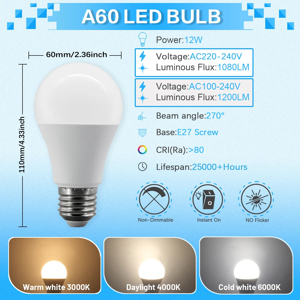 10PCS Lampara LED Bulb Lamps 8W-24W E27 Light Bulbs AC 220-240V 110V 120V Daylight Lighting A60 A80 for Home Foyer BedRoom Decor