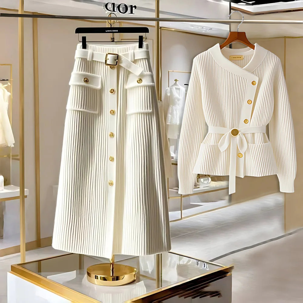 Autumn/Winter Women Outfit White Skirts Knitted Cardigan Sweater A-line Long Skirt Two Piece Set