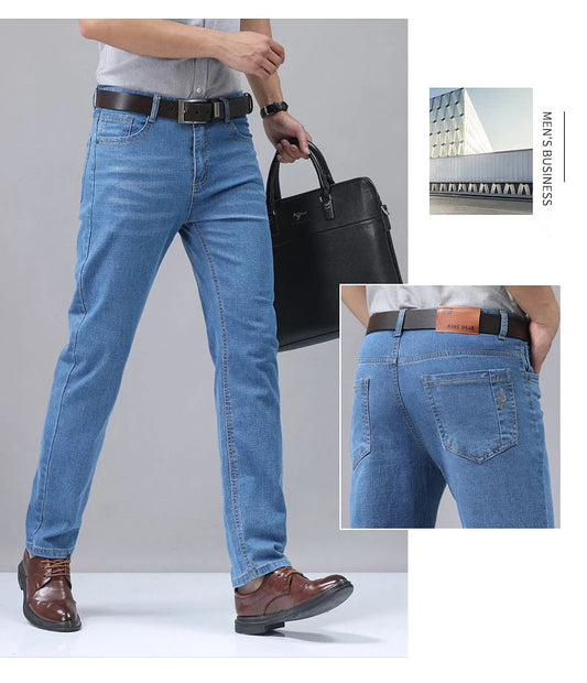 Summer Thin Men's Elastic Cotton Blue Jeans Comfortable Straight Casual Wear Pants