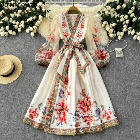 Elegant Women Floral Maxi Slim Waist Dress