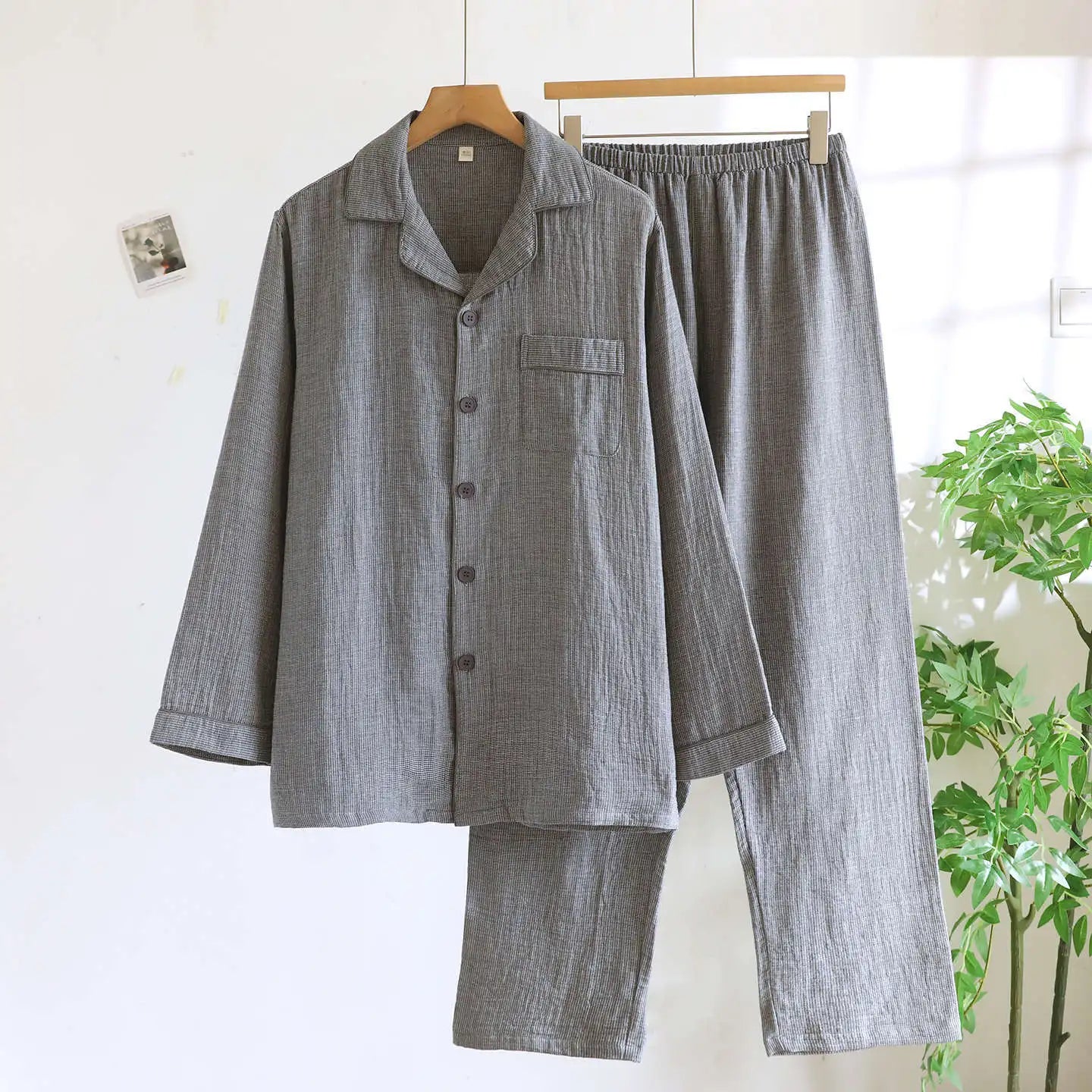 Men/Women Spring and Autumn Pajama Set 100% Cotton Gauze Jacquard Long Sleeve Checkered Two Piece Set