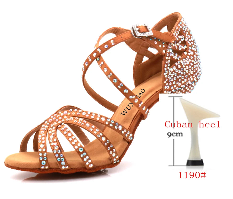 Ballroom Diamond Latin Dance Soft Sole Shoes Silver Bronze Skin color