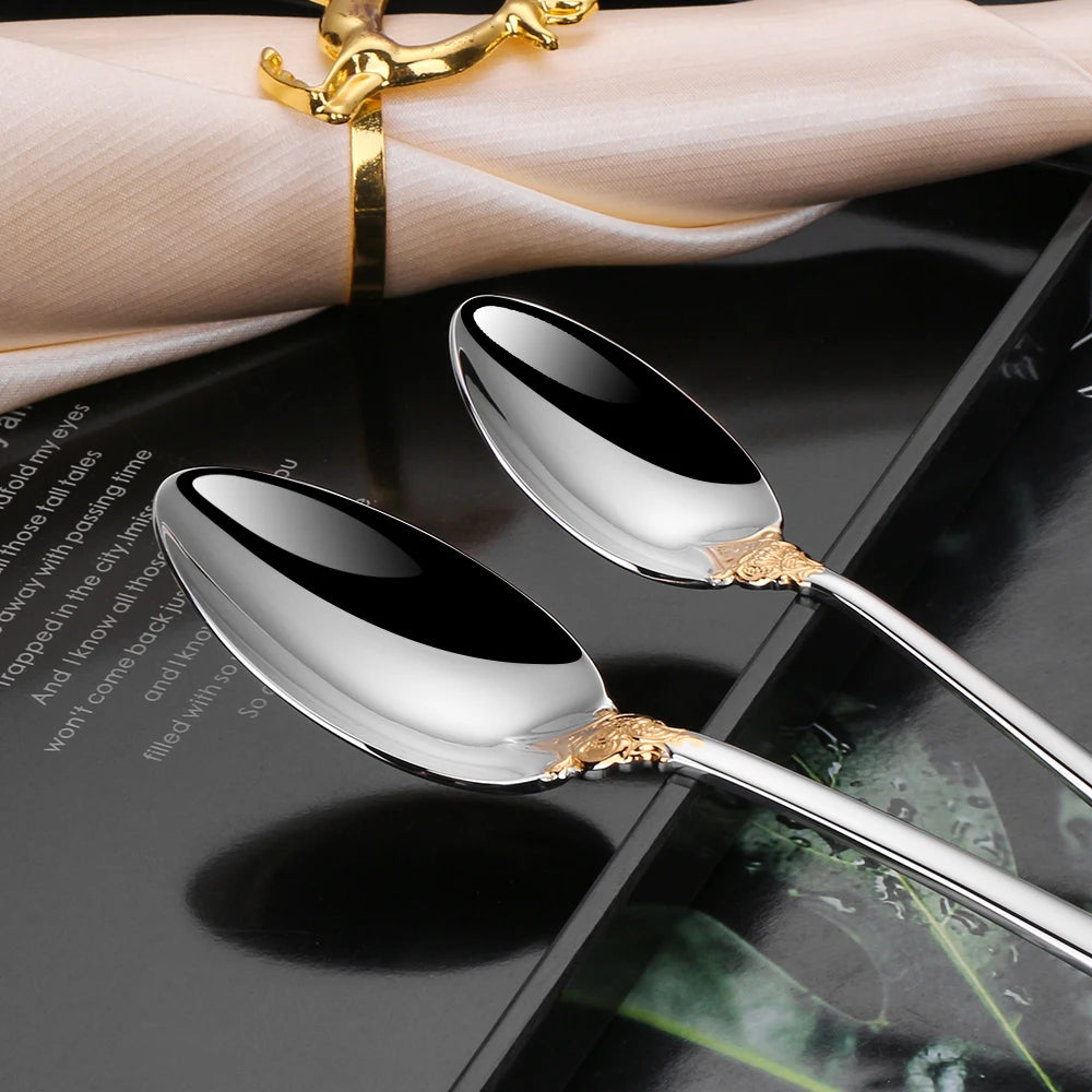 Stainless Steel Silver Flatware Set, Vintage Cutlery, Hollow Handle, Silverware for Wedding, Baroque, 18/10, Glossy Gold