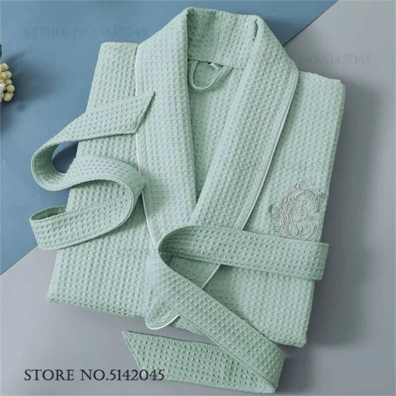 Waffle 100% Cotton Sleepwear Hotel Embroidery Kimono Bathrobe Gown