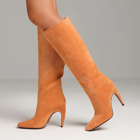Women's Stiletto High Heeled Suede PU Knee High Boots Square Toe Pull On Thin Heel Wide Calf Boots
