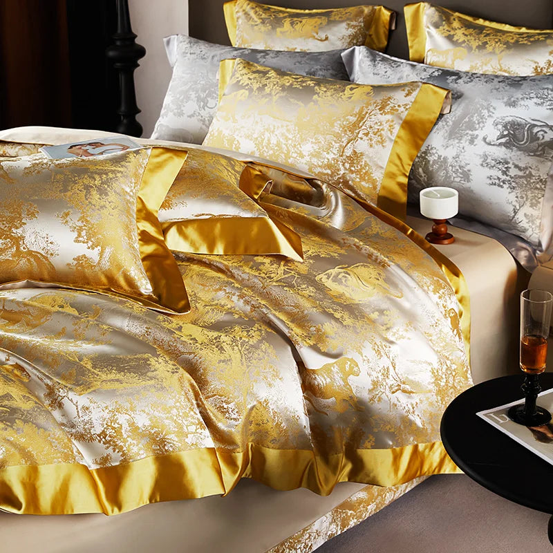 4/6Pcs Luxury Beige Gold Brocade Jacquard Egyptian Cotton Bedding Set Duvet Cover Flat/Fitted Bed Sheet Pillowcases