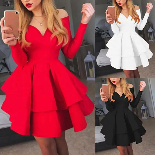 Elegant Women Long Sleeve V Neck Off Shoulder Swing Ruffled Hem Mini Dress
