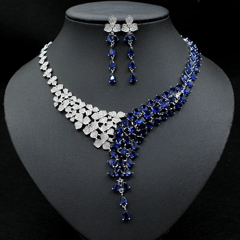 Women Flower Drop Necklace Earring 18K Gold Plated Pink Crown Zirconia