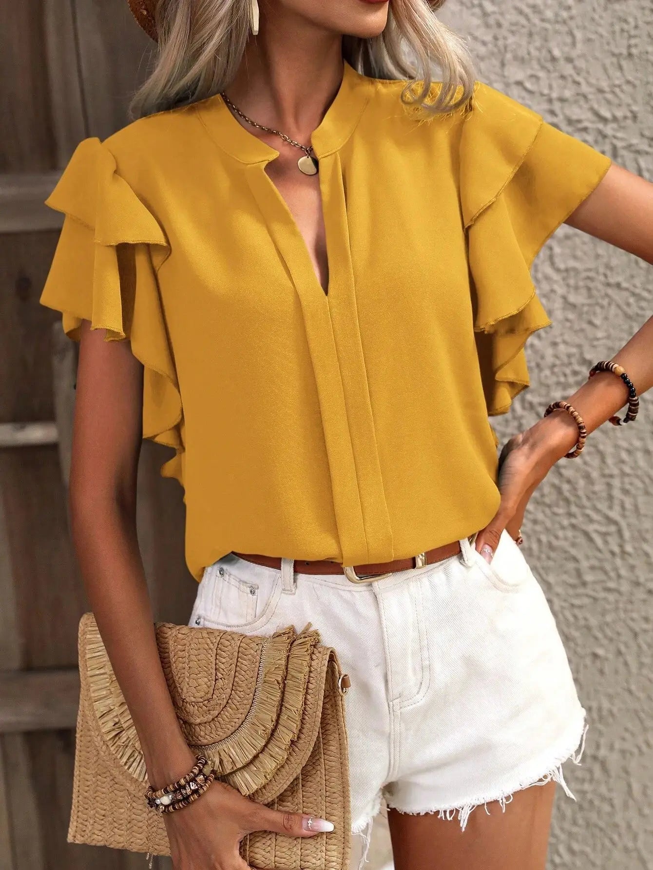 Elegant Women Summer Blouse V-neck Casual Double Layered Ruffle Sleeves