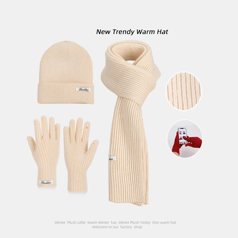 Winter Warm Knitted Hat Scarf Gloves Women's Windproof Three-piece Set