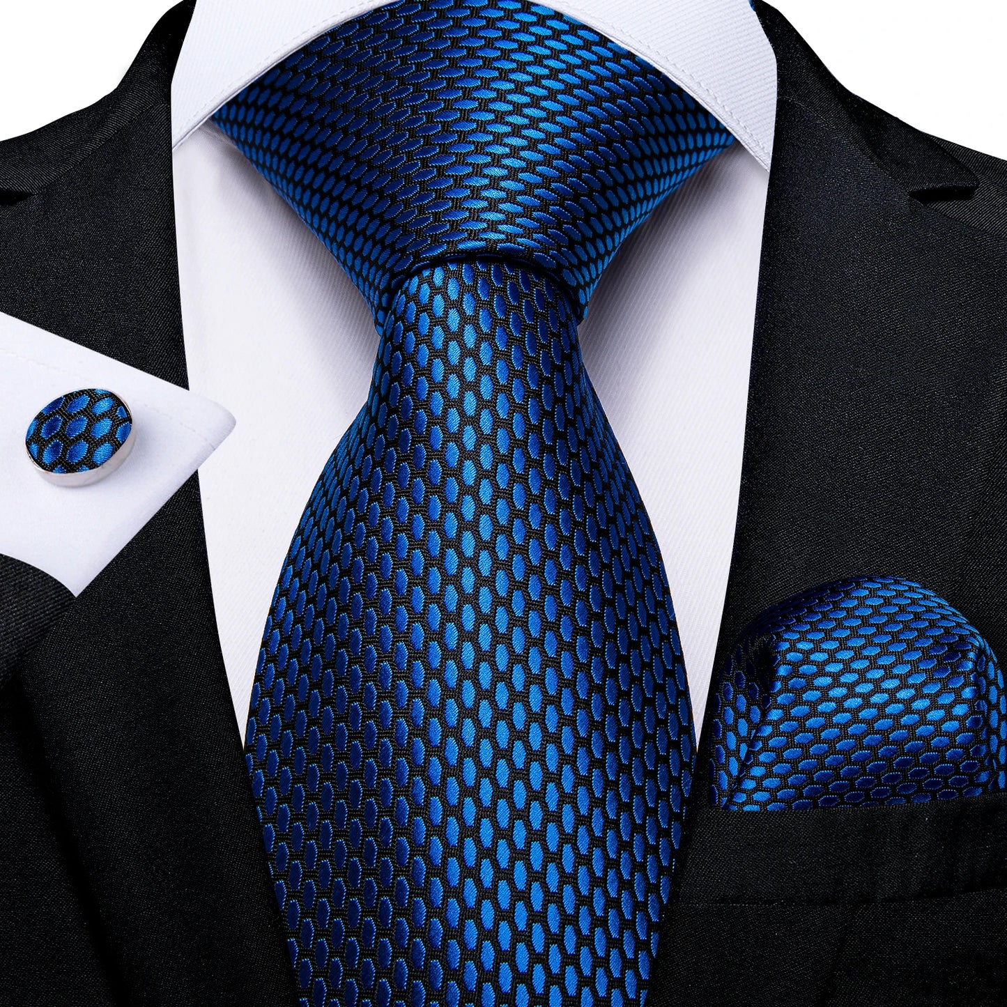 New Classic 100% Silk Men's Ties 8cm Blue Plaid Dot Striped Business Necktie Handkerchief Wedding Party Tie Set