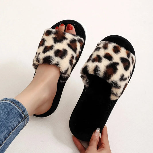 Warm EVA Winter Women's Leopard Print Slippers Plush Fur Slides Flip Flops Indoor